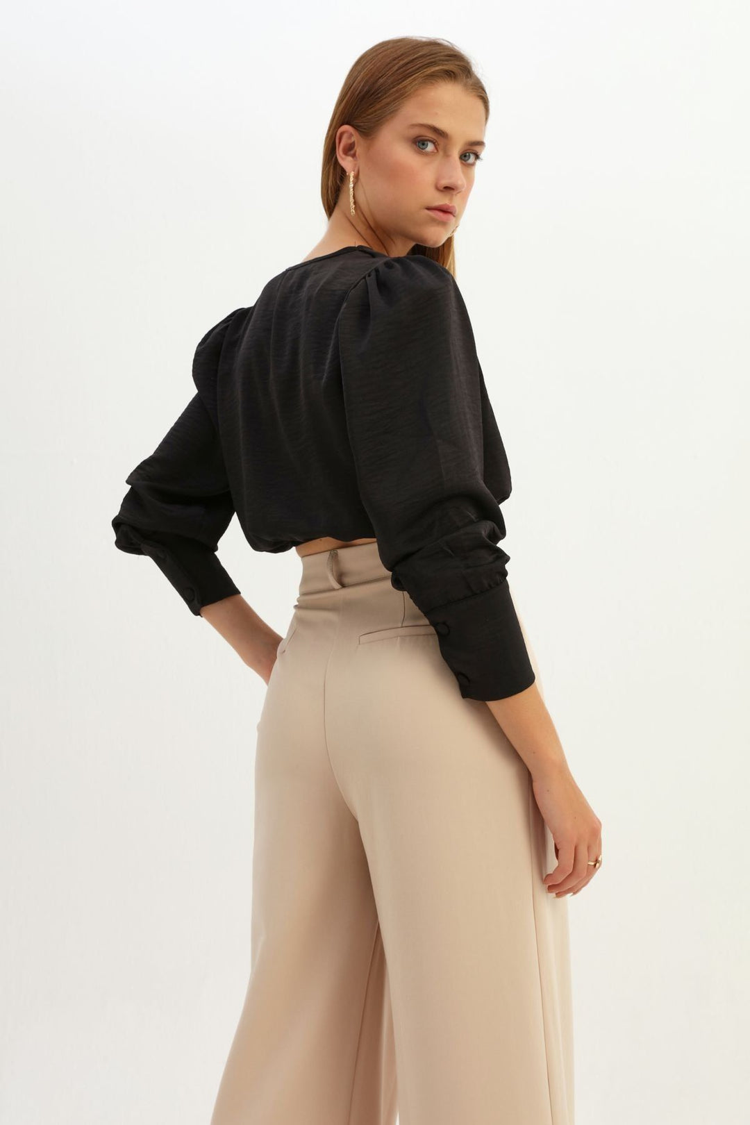 Waistband Double Breasted Crop Blouse Black