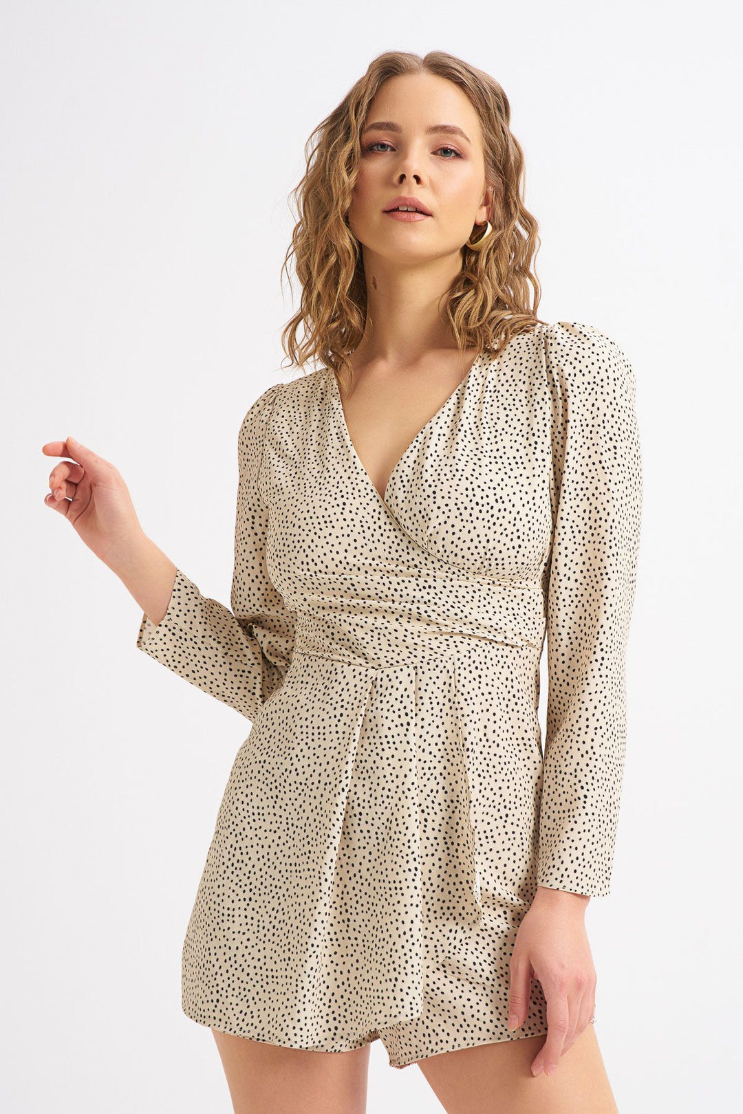 Patterned Double Breasted Jumpsuit Beige