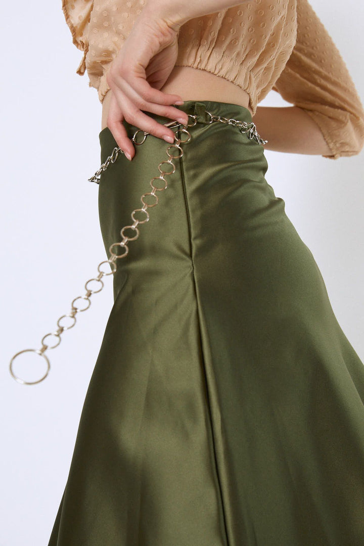 Chain Waist Midi Skirt Khaki
