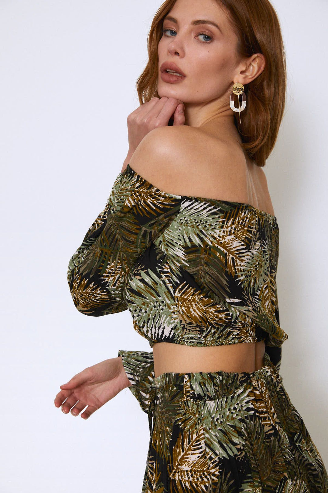 Palm Patterned Crop Blouse Khaki