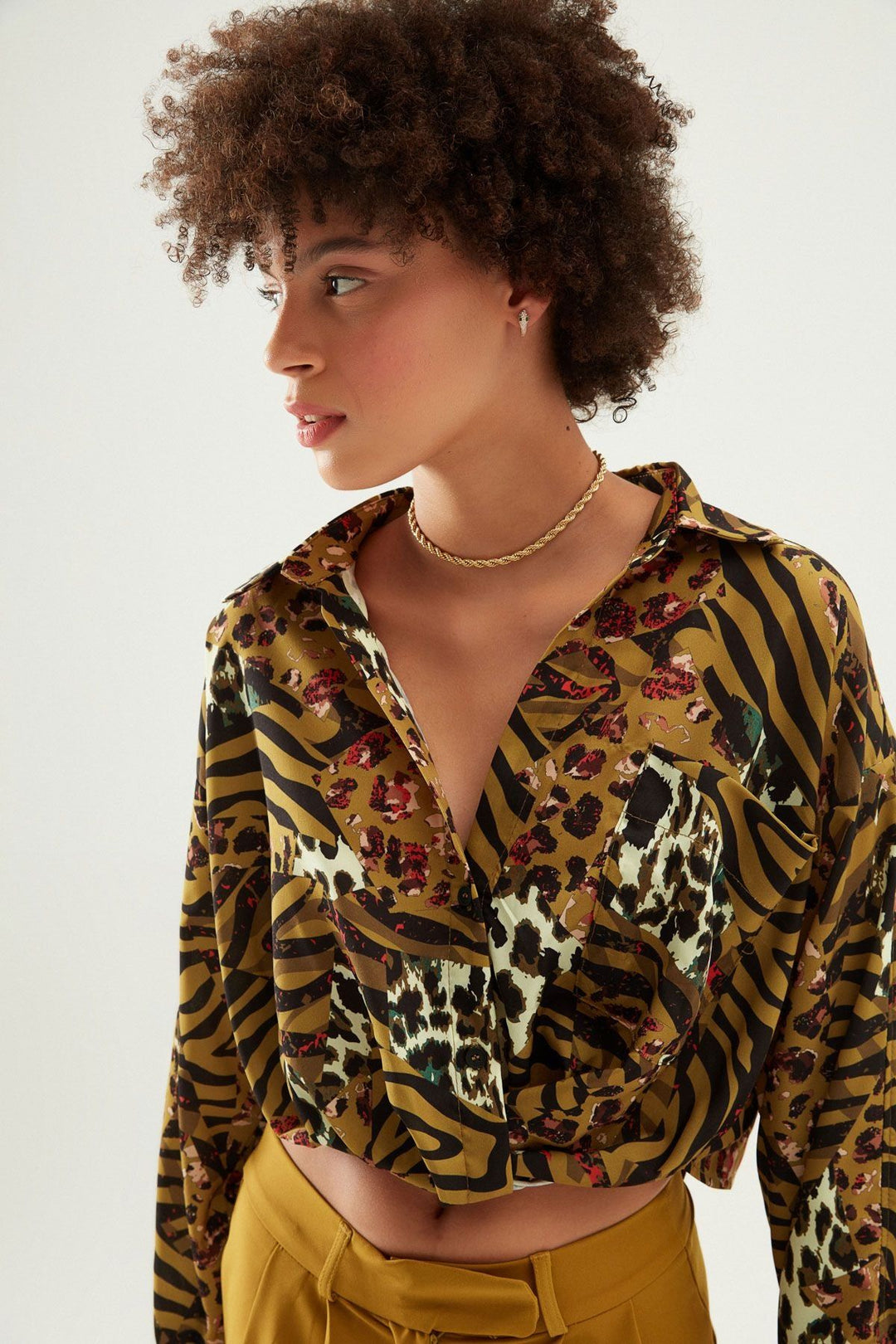 Patterned V-Neck Shirt Brown