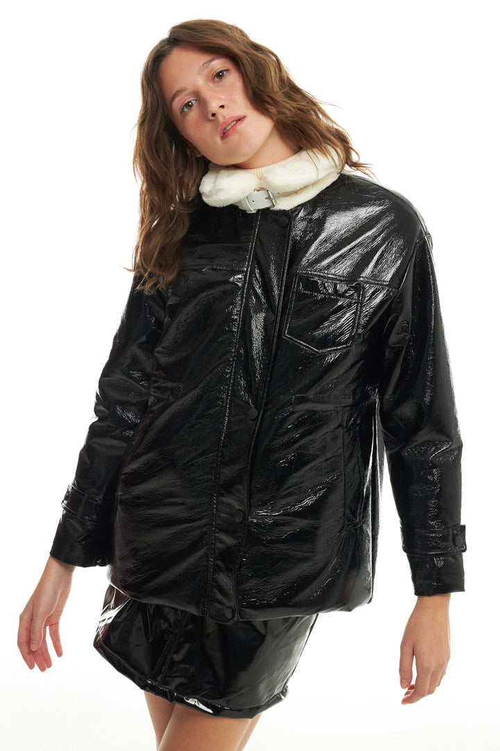 Fur Detailed Patent Leather Coat Black