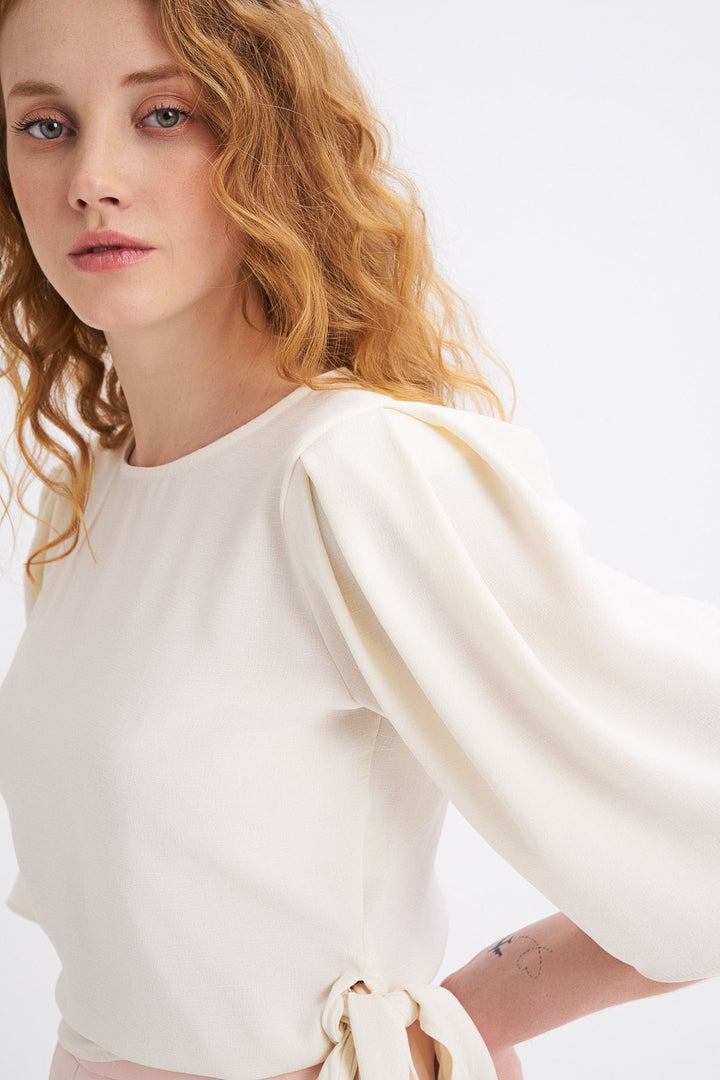Side Tie Waistband Blouse Ecru