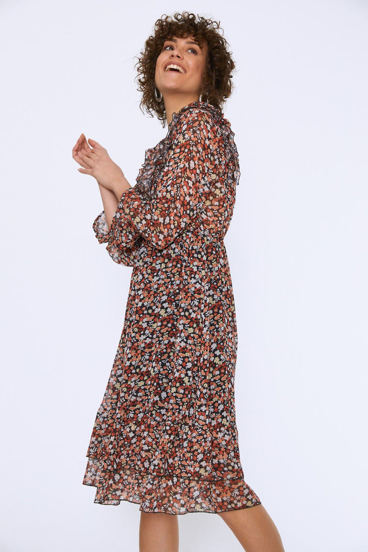 Önü Düğmeli Beli Lastikli Midi Elbise Oranj