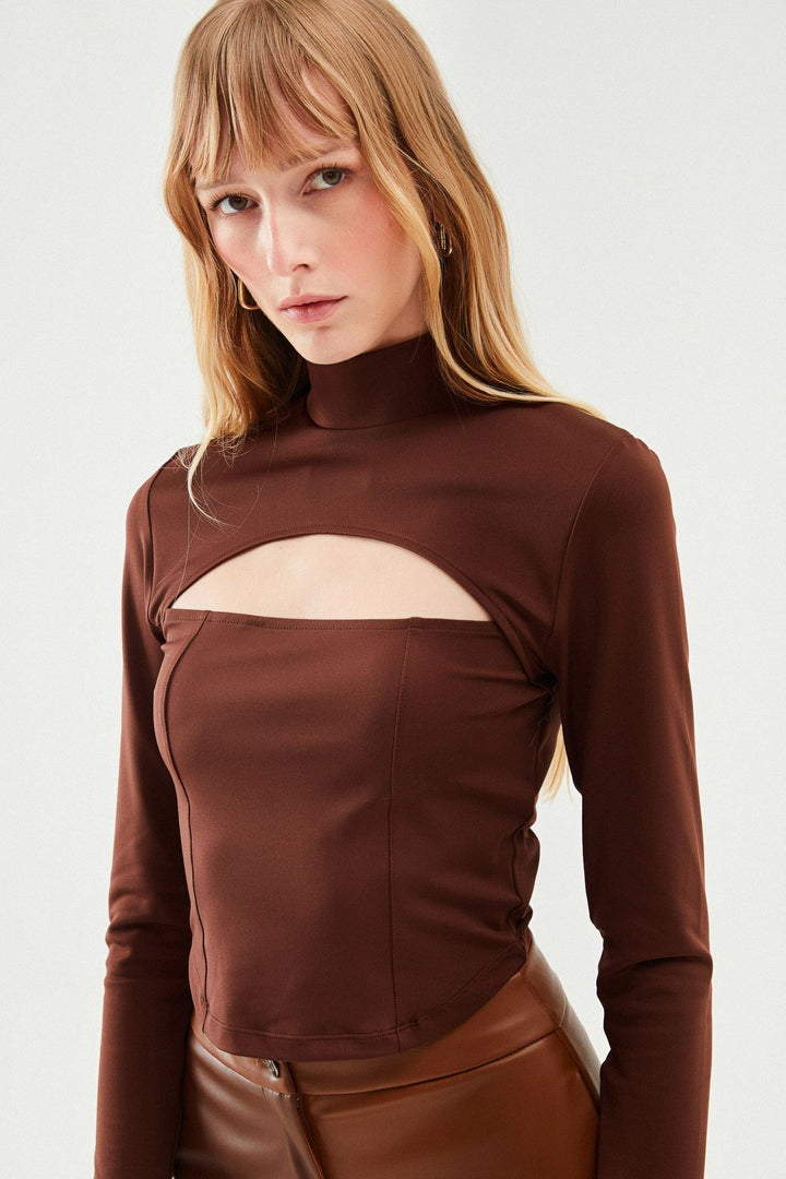 Cut Out Judge Collar Blouse Dark Brown