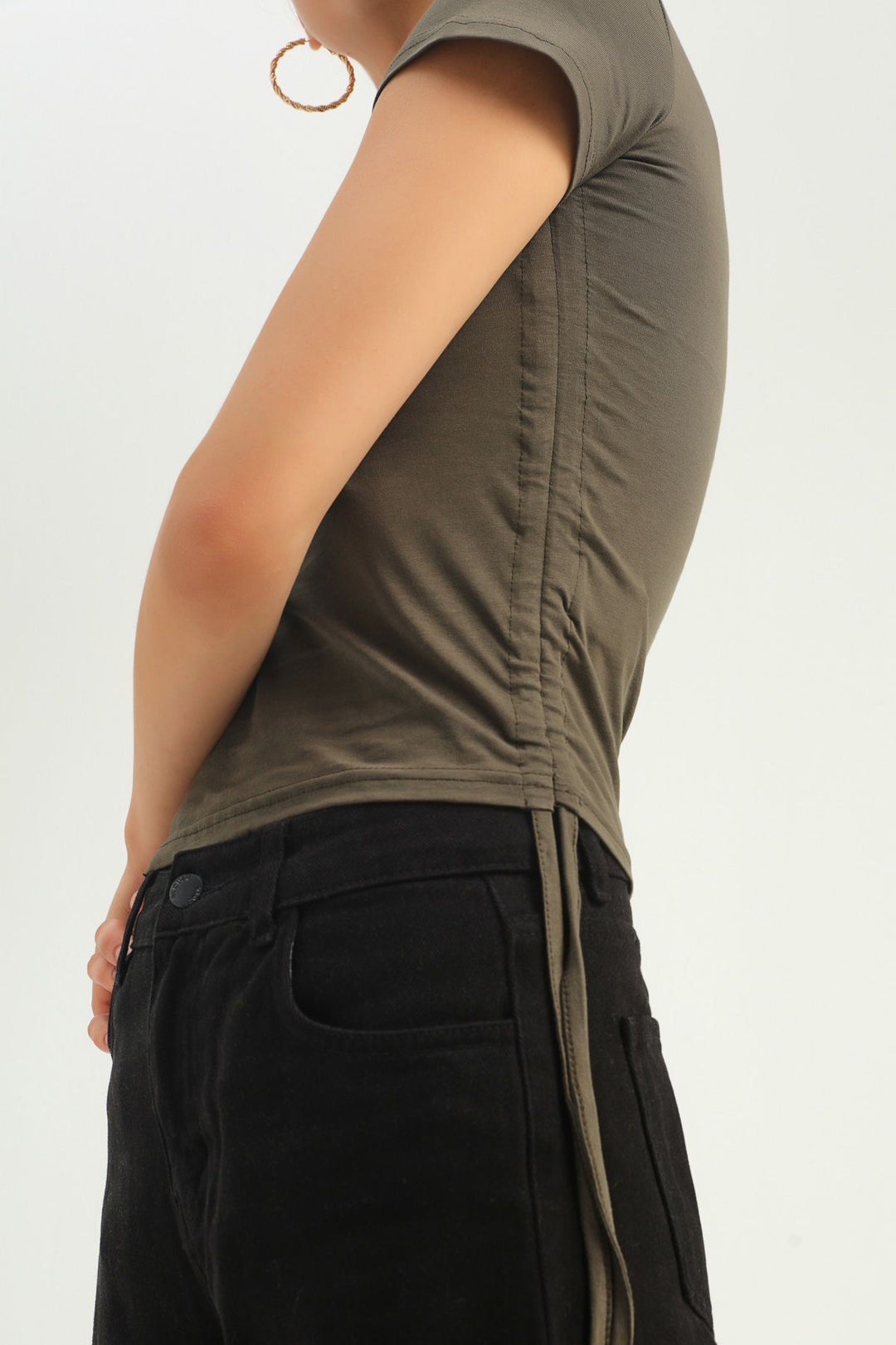 Yanları Büzgülü Basic Tişört Haki