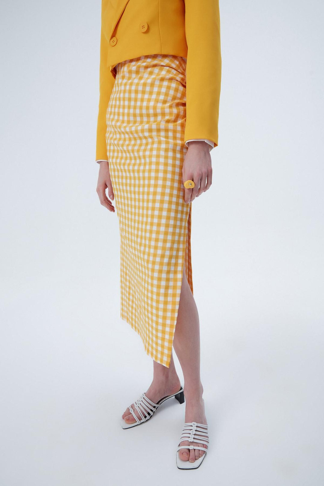 Slit Detailed Plaid Skirt Orange