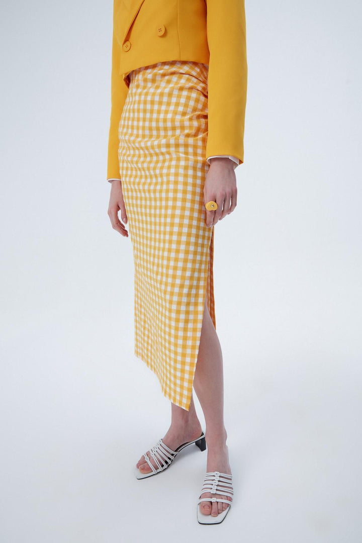 Slit Detailed Plaid Skirt Orange