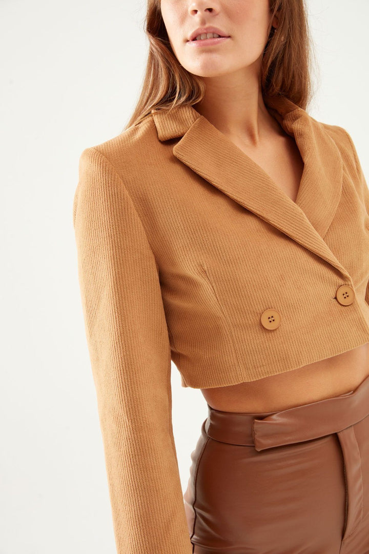 Velvet Crop Blazer Jacket Camel