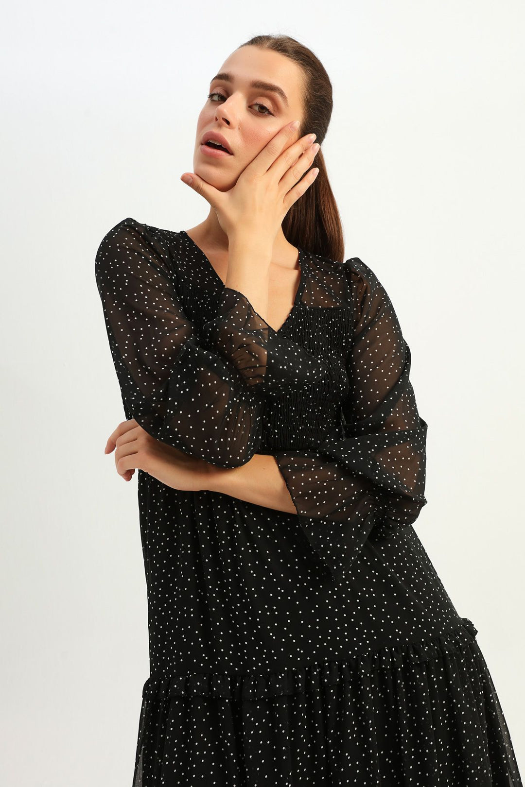 Polka Dot V Neck Gipele Dress Black