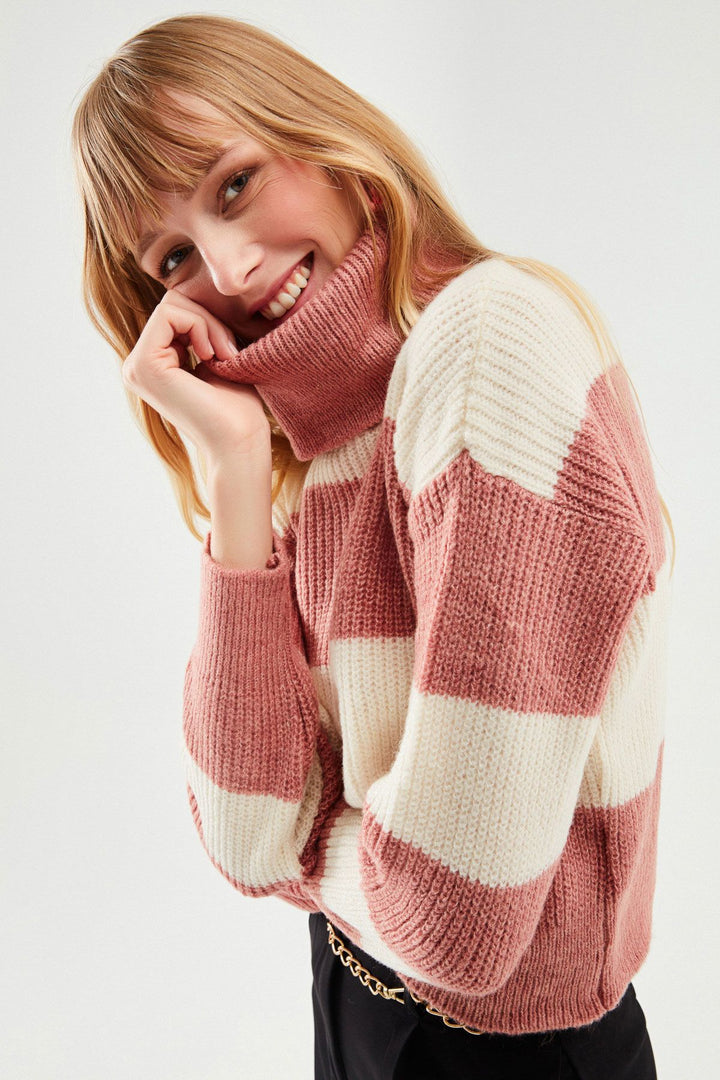 Çizgili Triko Kazak Koyu Pudra