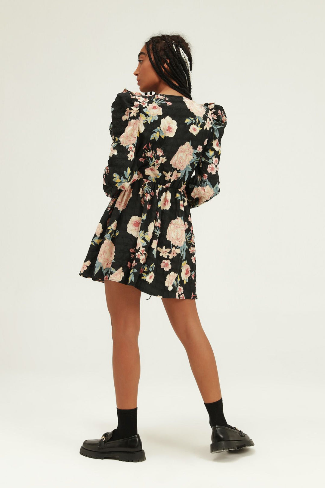 Frilly Double Breasted Floral Mini Dress Black