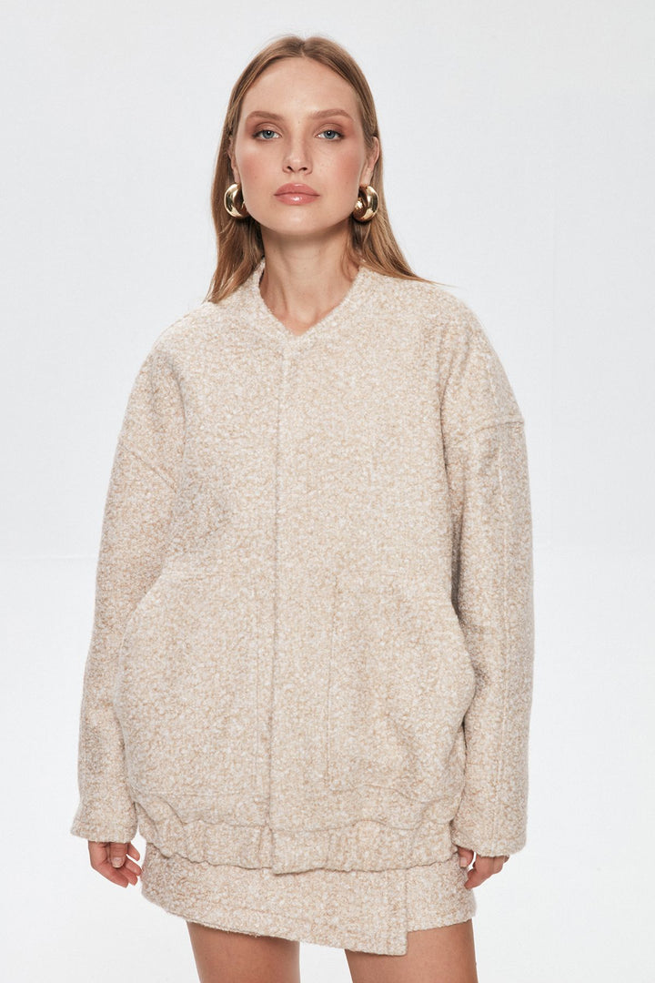 Oversize Kaşe Bomber Ceket Taş