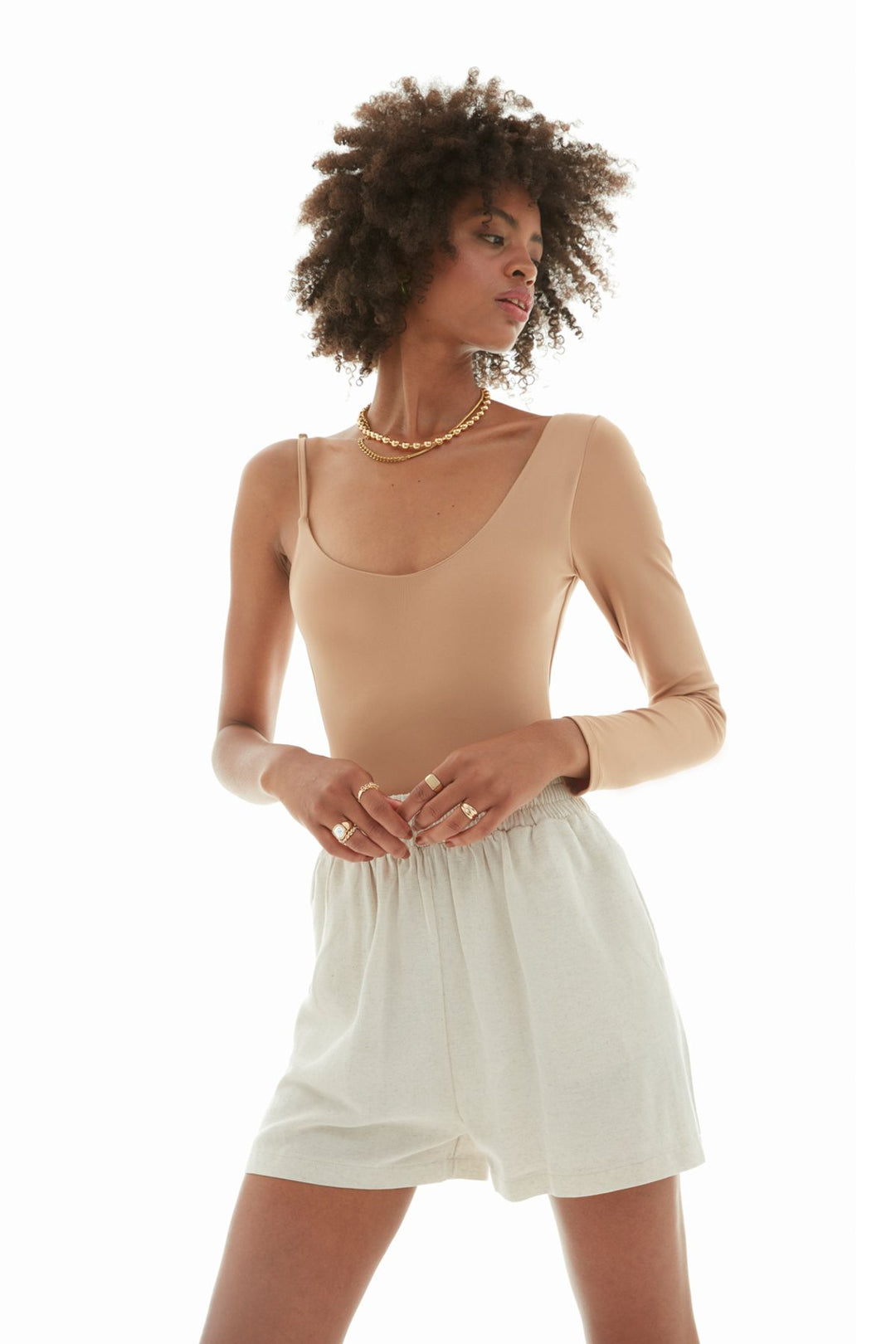 Asymmetrical Sleeve Bodysuit Camel