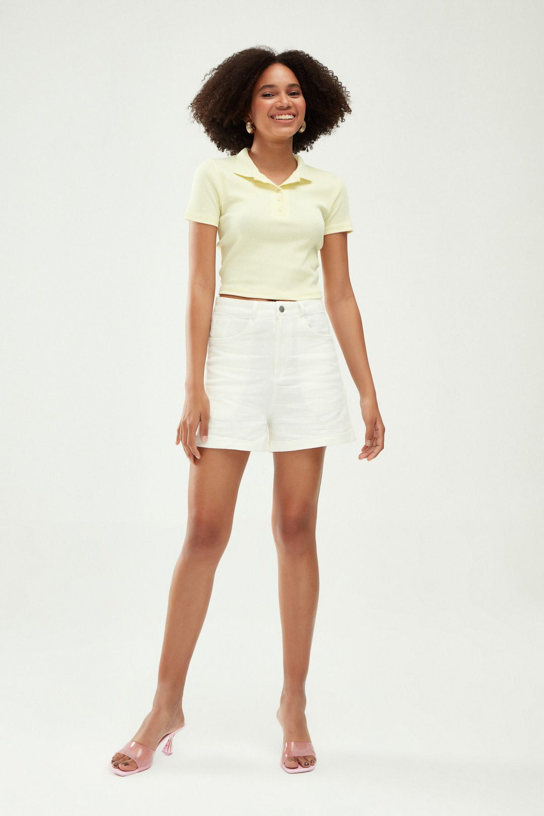 Polo Yaka Crop Bluz Sarı