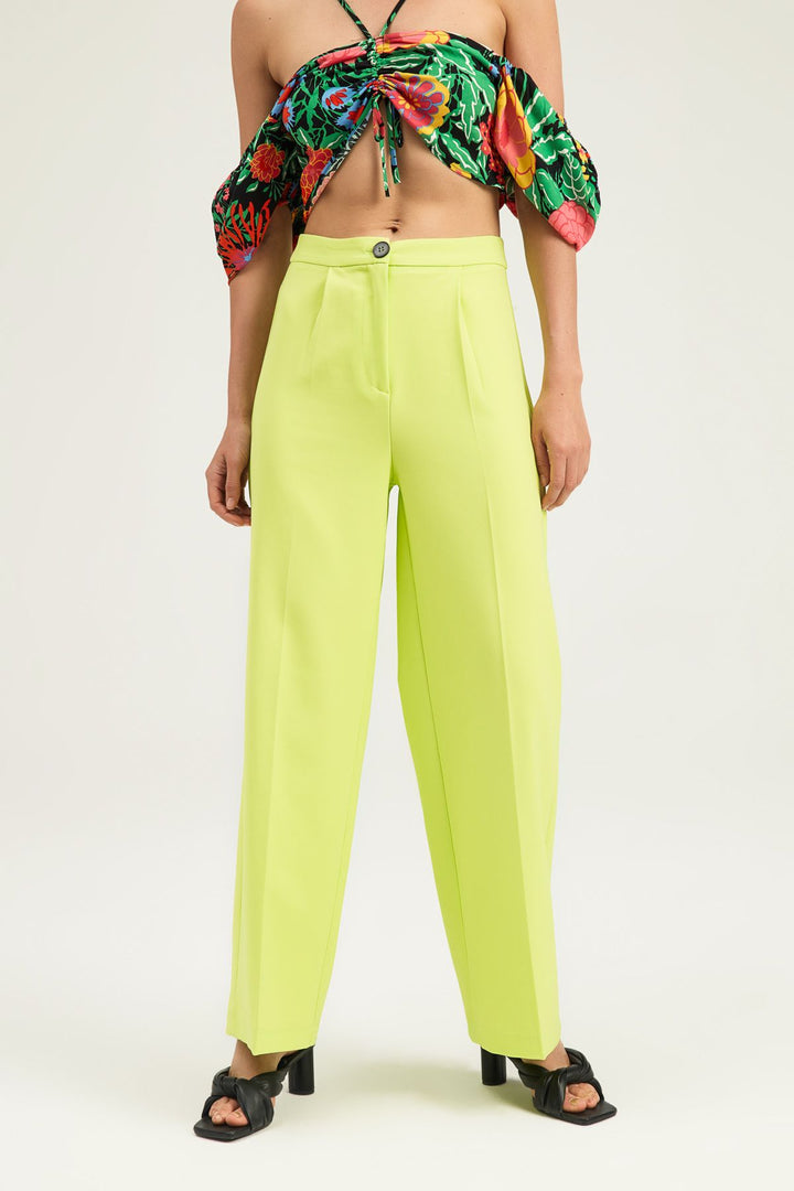 Pile Detaylı Palazzo Pantolon Açık Yeşil