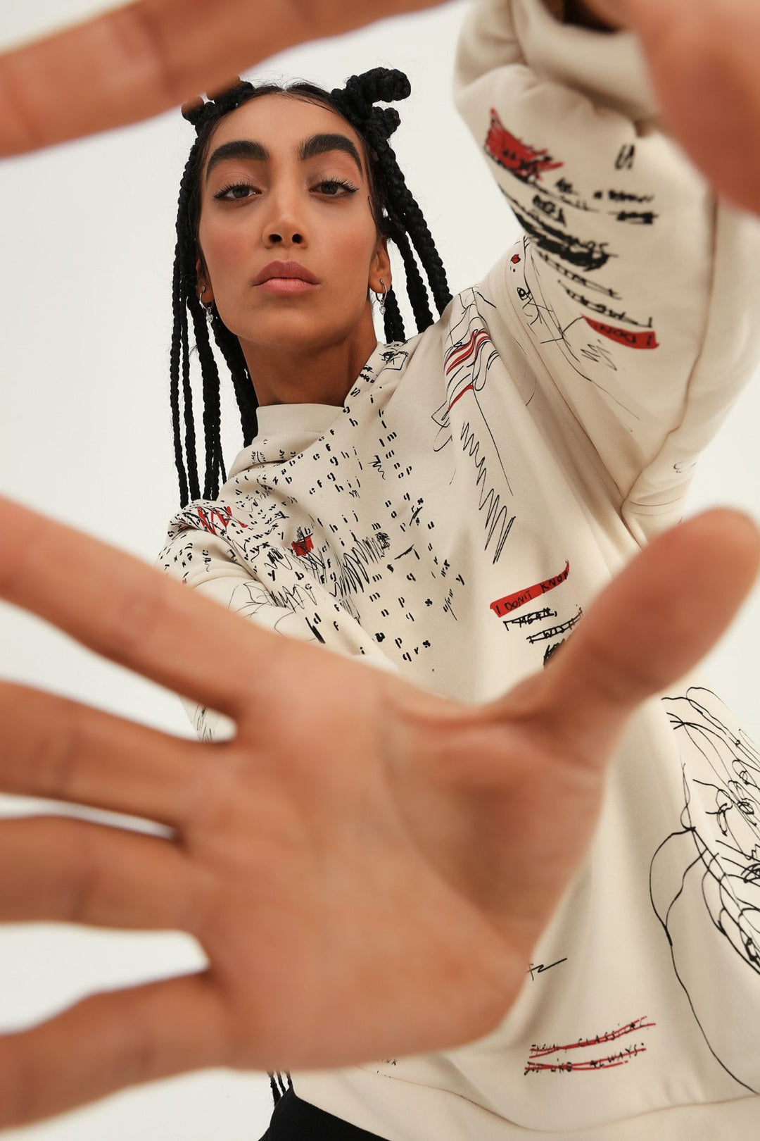 Printed Hoodie Oversize Sweatshirt Beige