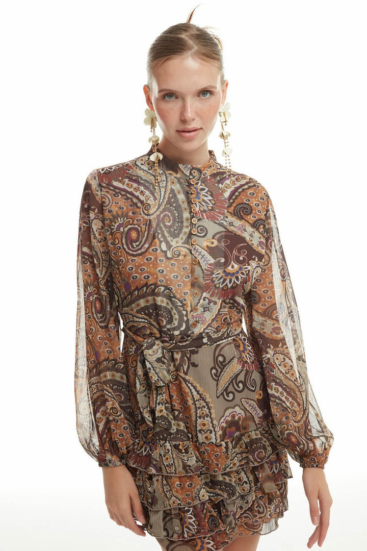 Button Detailed Chiffon Dress Brown