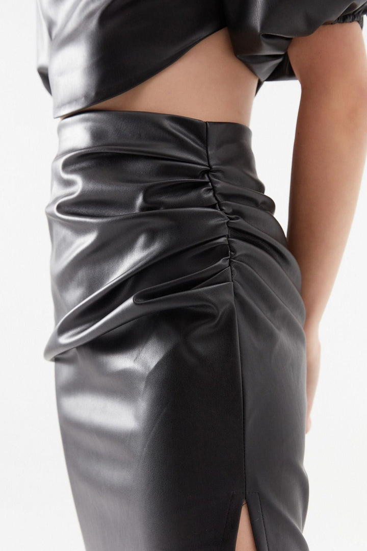 Pleated Leather Midi Skirt Black