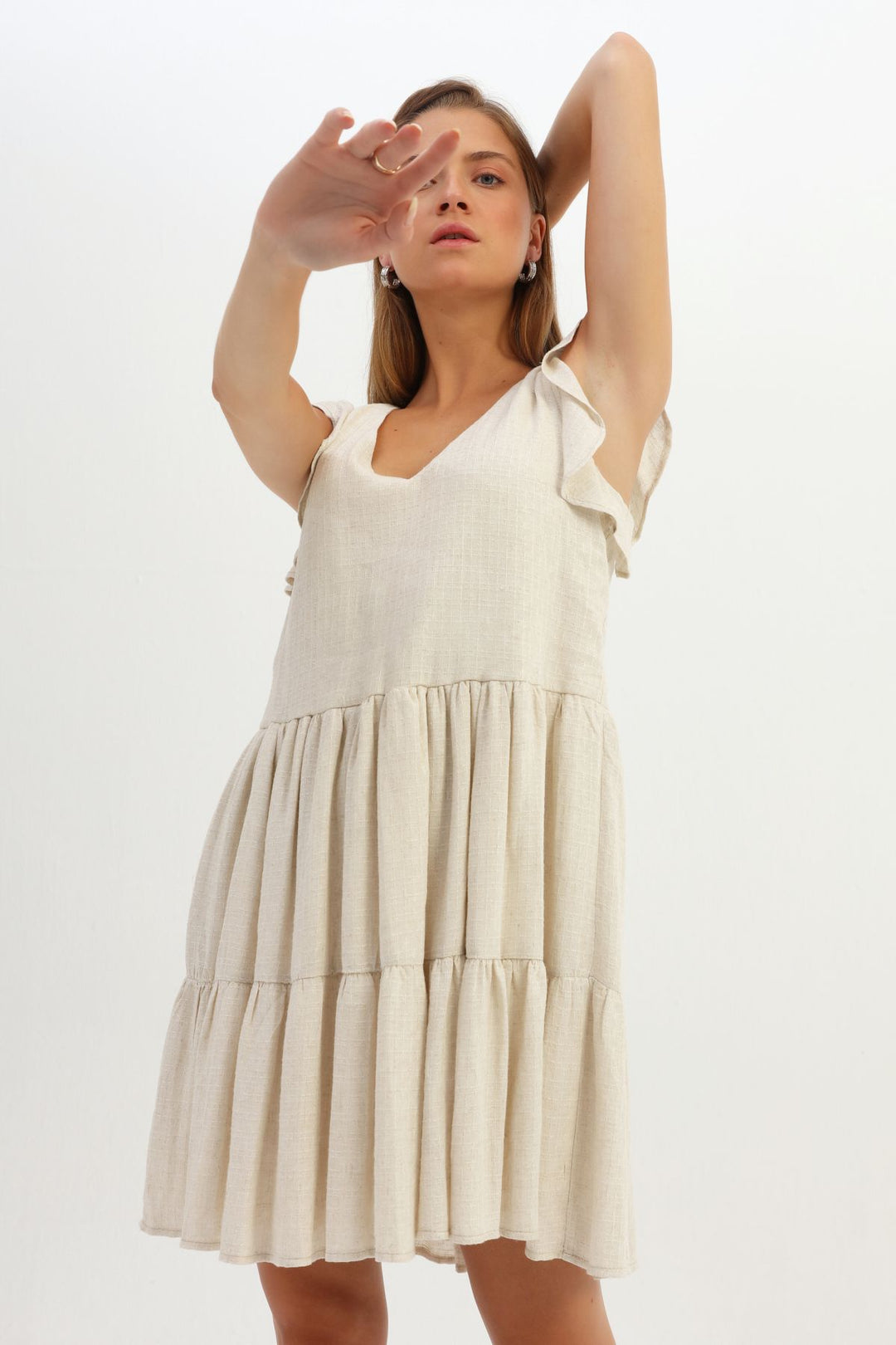 Ruffle V Neck Linen Dress Natural