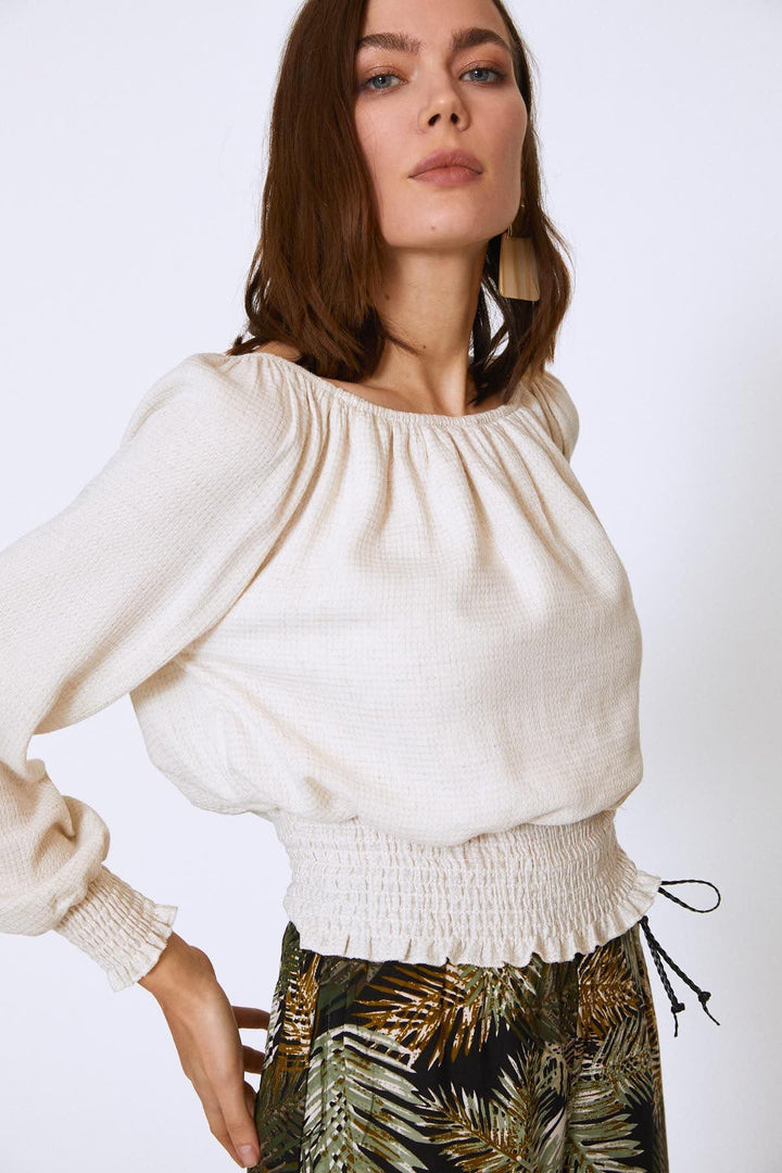 Off Shoulder Gipe Linen Blouse Natural