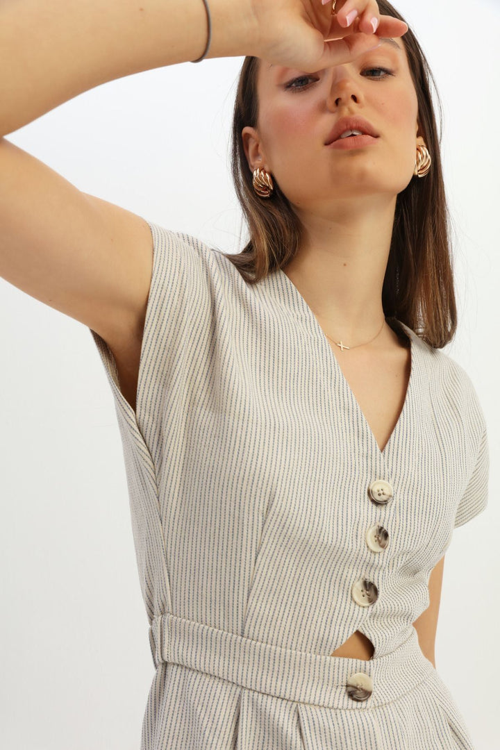 V Neck Buttoned Linen Dress Indigo