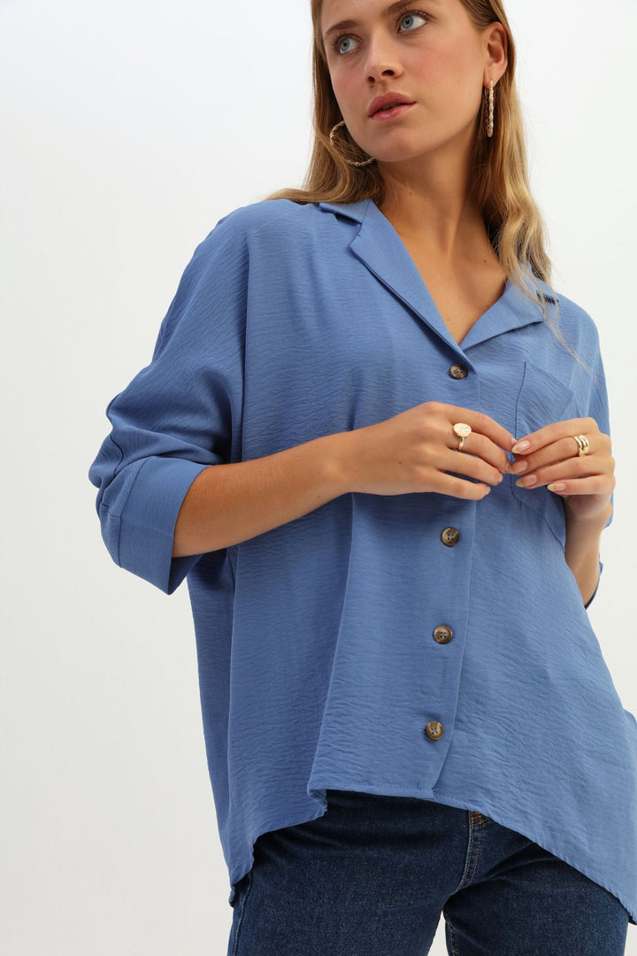 Tek Cepli Oversize Gömlek İndigo