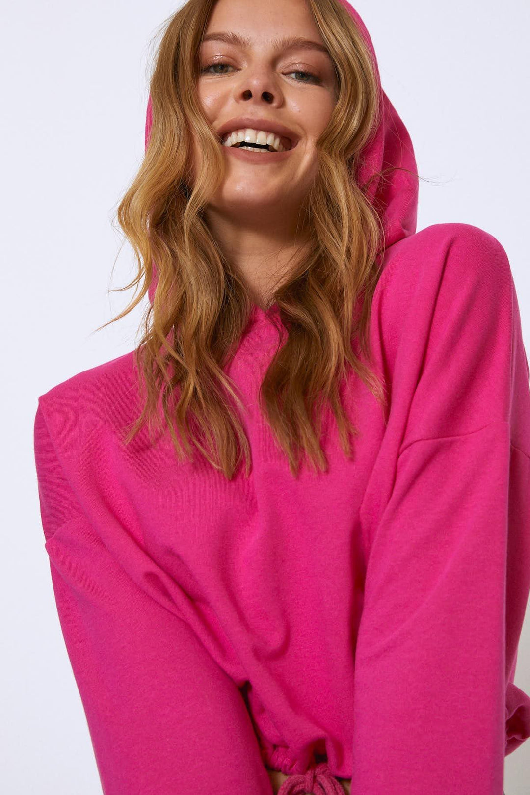 Hooded Tie Waist Sweatshirt Fuchsia