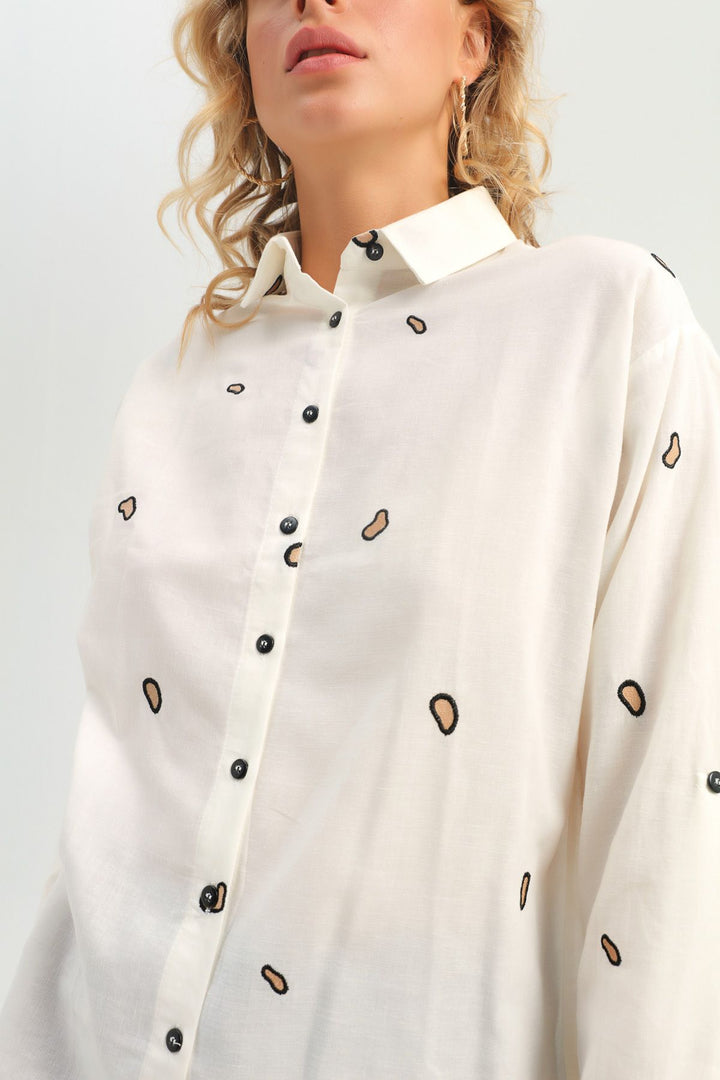 Leopard Embroidery Linen Shirt Ecru