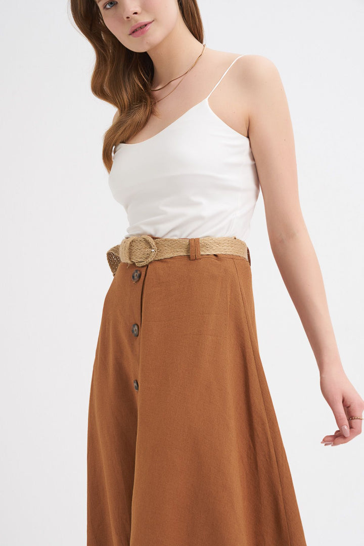 Belted Button Front Linen Skirt Brown