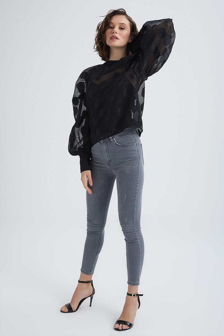 Polka Dot Balloon Sleeve Blouse Black