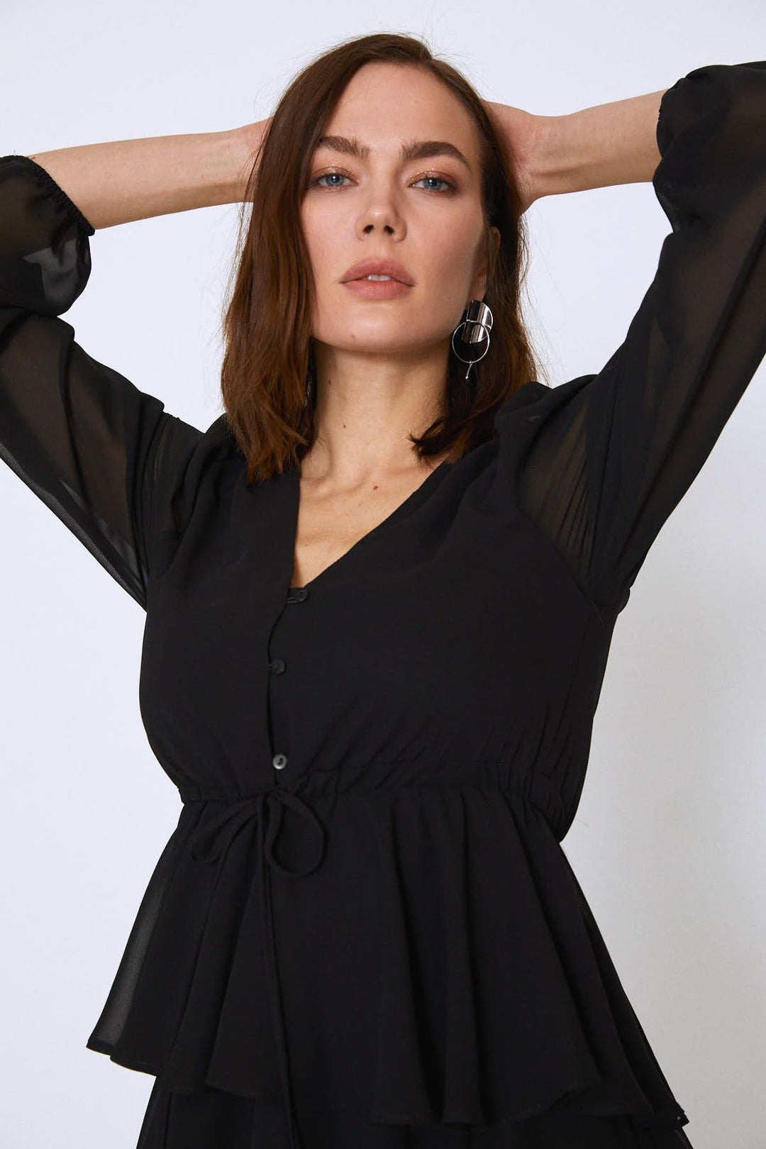 Eteği Katkat Şifon ELbise Siyah