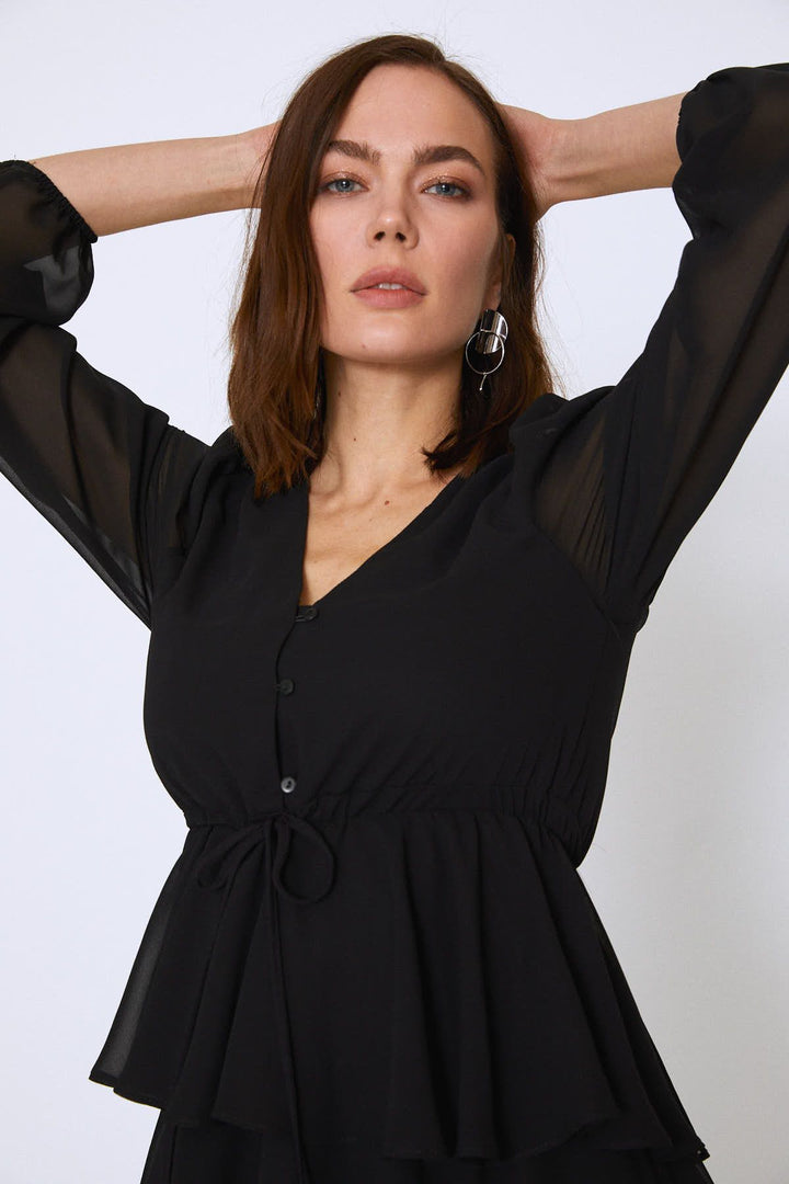 Eteği Katkat Şifon ELbise Siyah