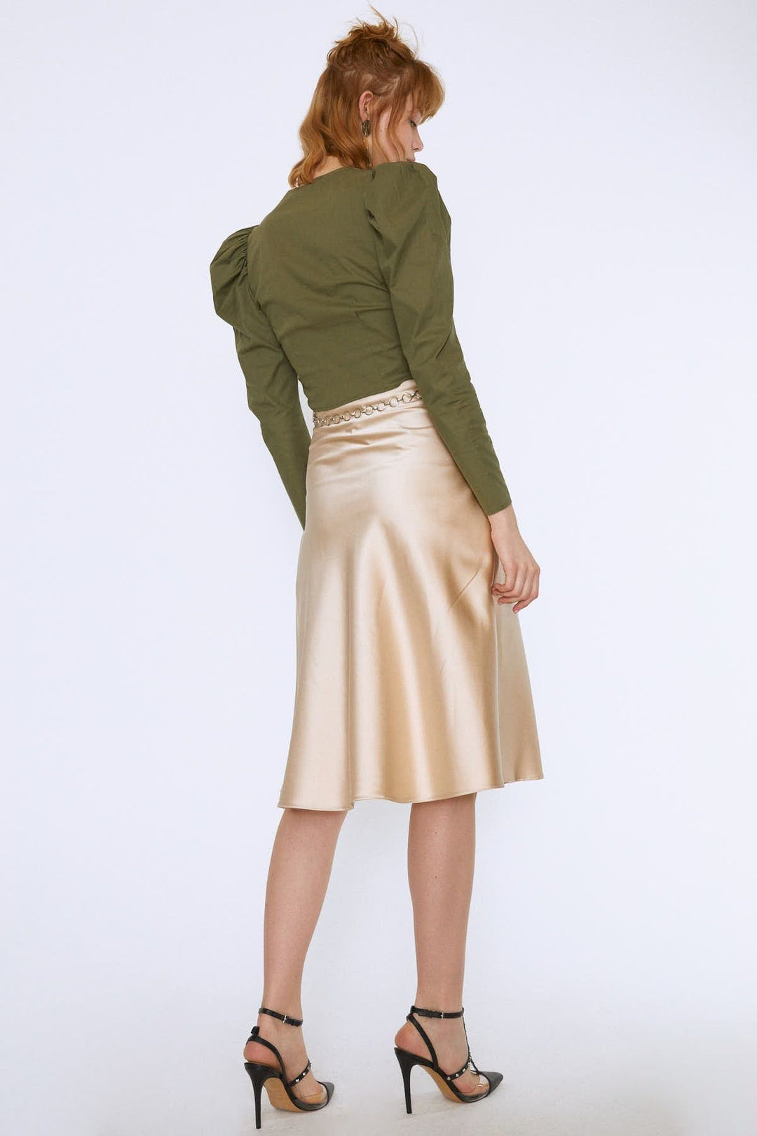 Chain Waist Midi Skirt Beige