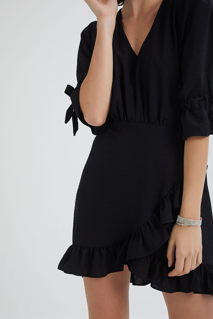 V Neck Frilly Mini Dress Black