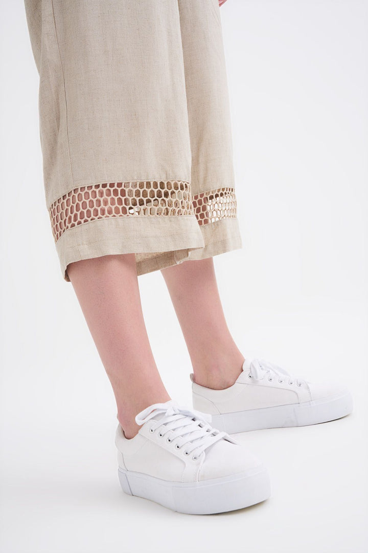 File Detaylı Keten Pantolon Bej