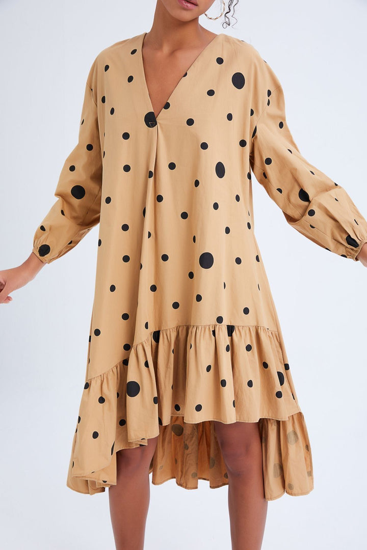 Asymmetrical Long Polka Dot Dress Camel