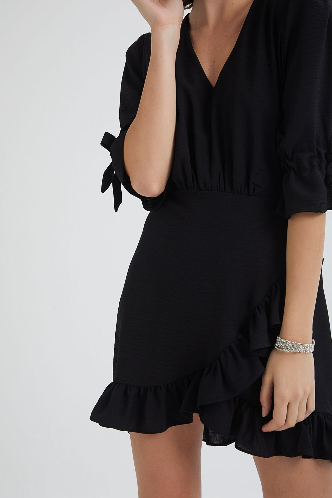 V Neck Frilly Mini Dress Black