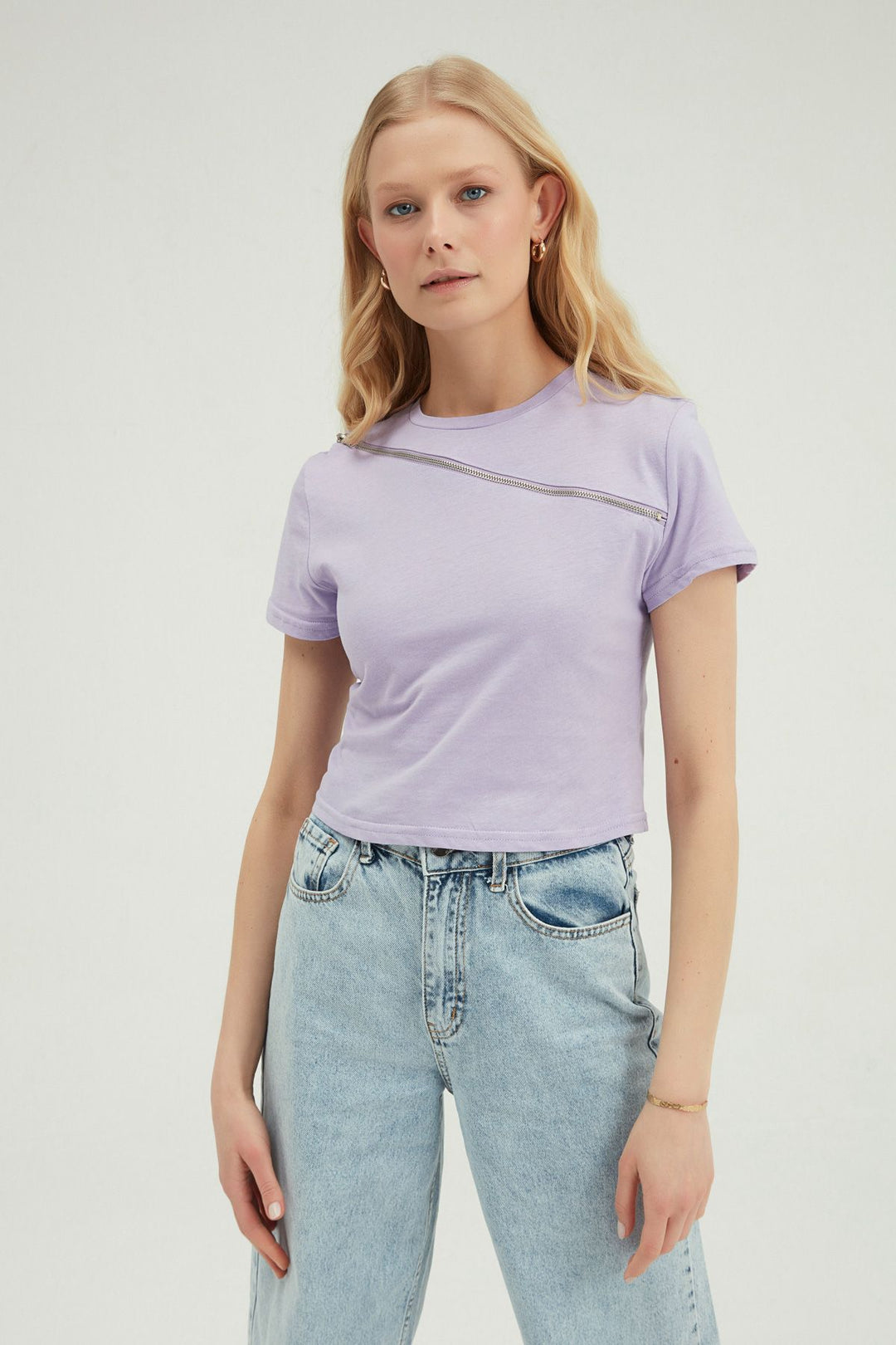 Fermuar Detaylı Crop Tişört Lila