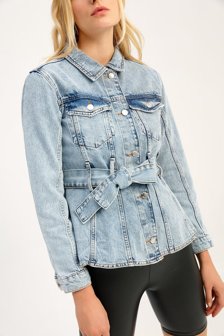 Beli Kuşaklı Kot Ceket Buz Mavi