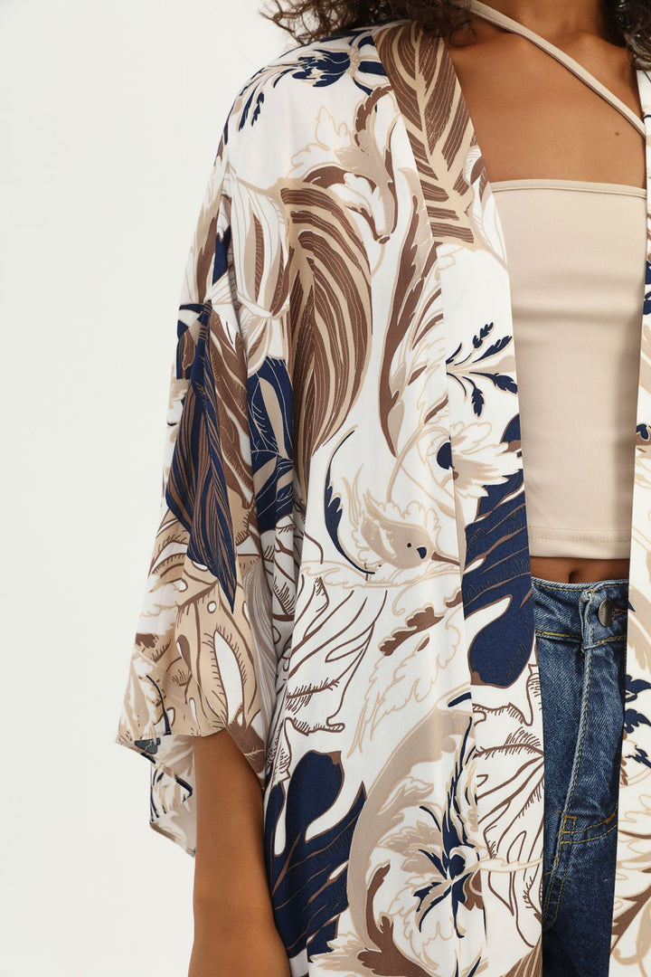 Desenli Beli Bağlamalı Kimono Kahverengi