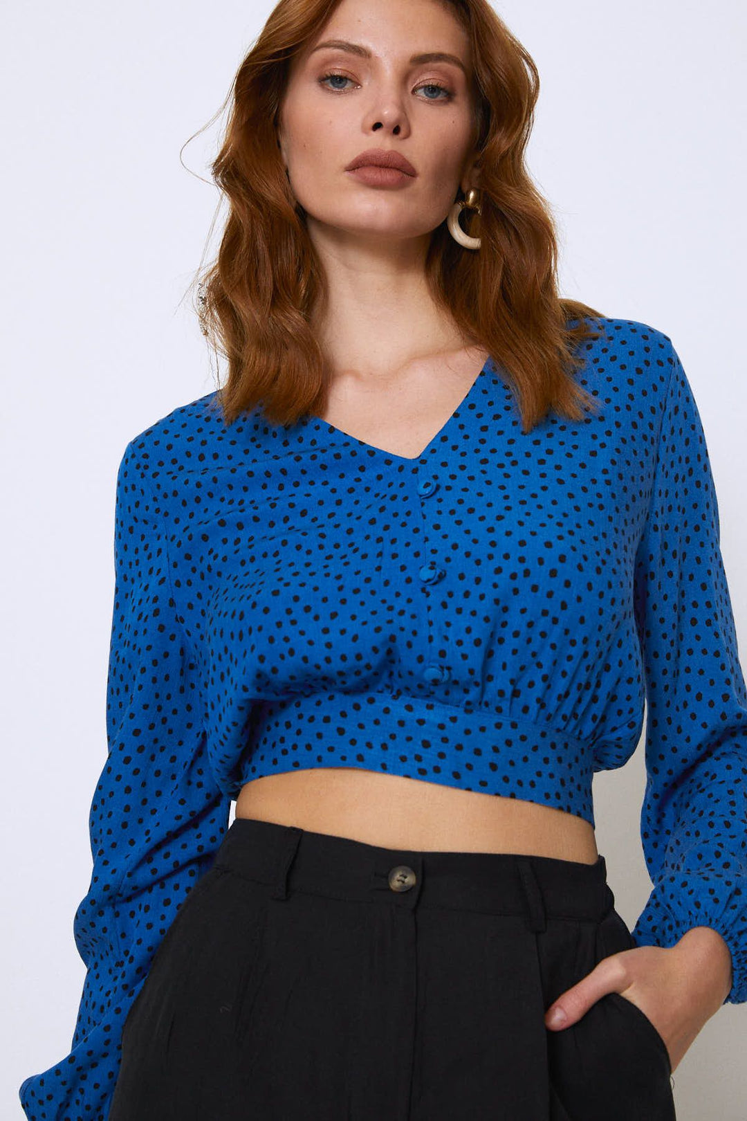 Puantiyeli V Yaka Bluz Sax