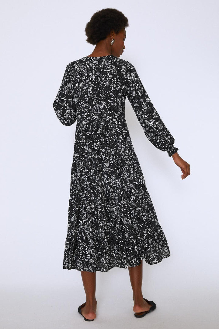 Crispy Floral Midi Dress Black