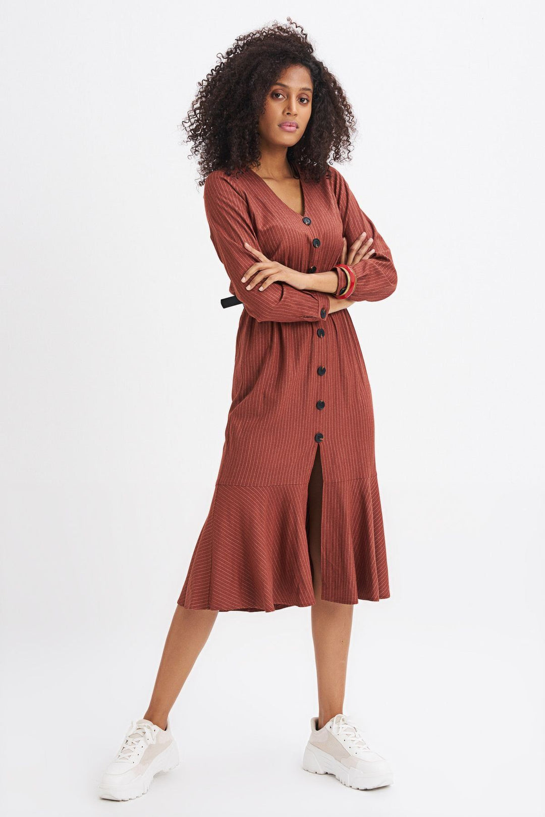 Belt Detailed Front Buttoned Striped Dress Tile