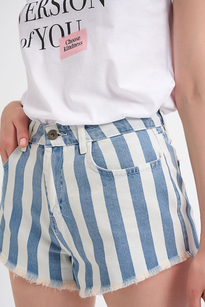 Striped Short Denim Shorts Blue