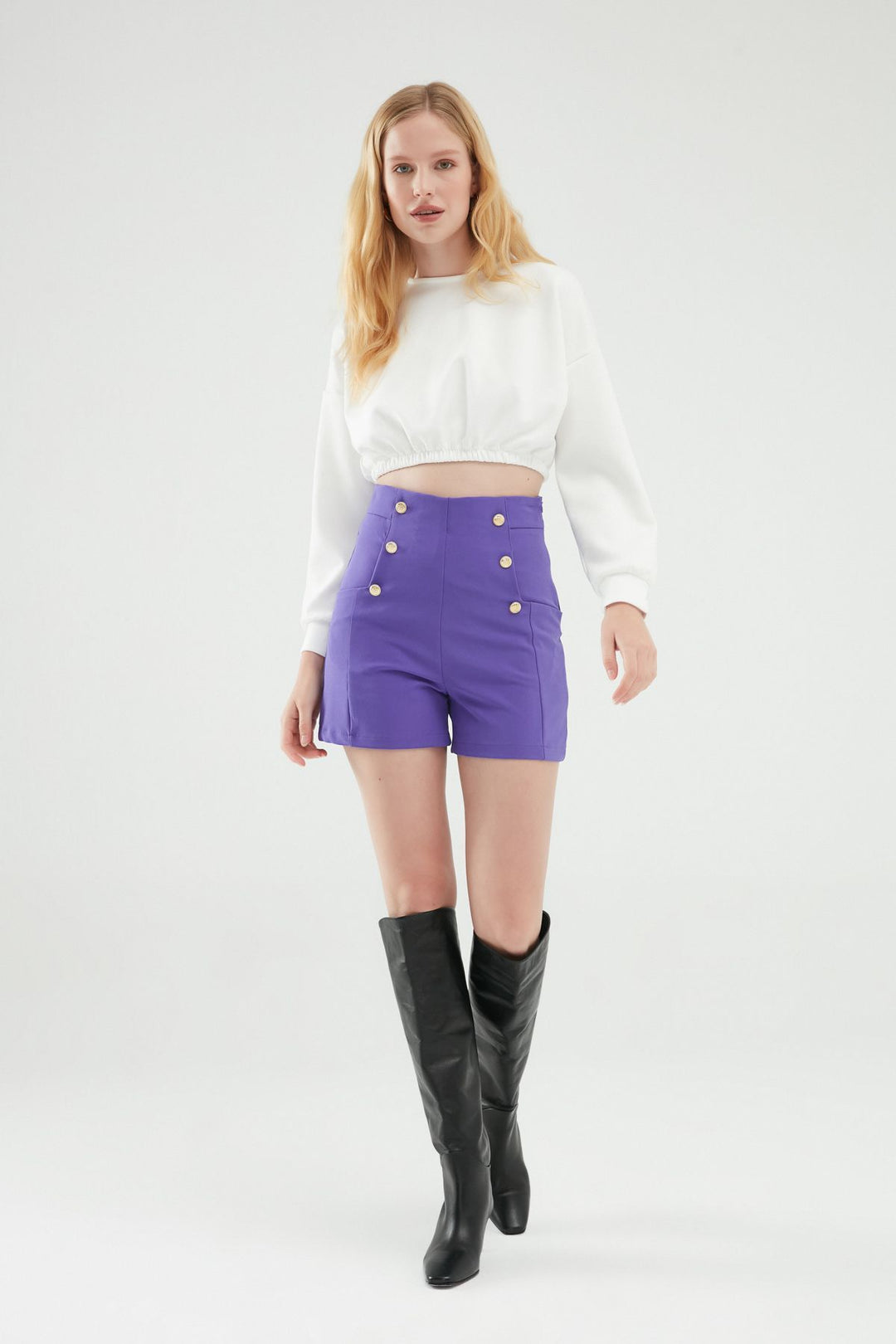 Button Detailed High Waist Shorts Purple