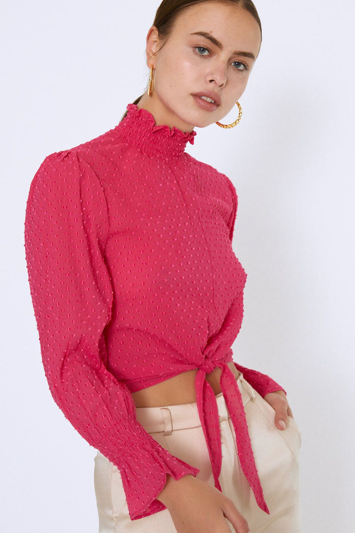 Tie Waist Long Sleeve Blouse Fuchsia