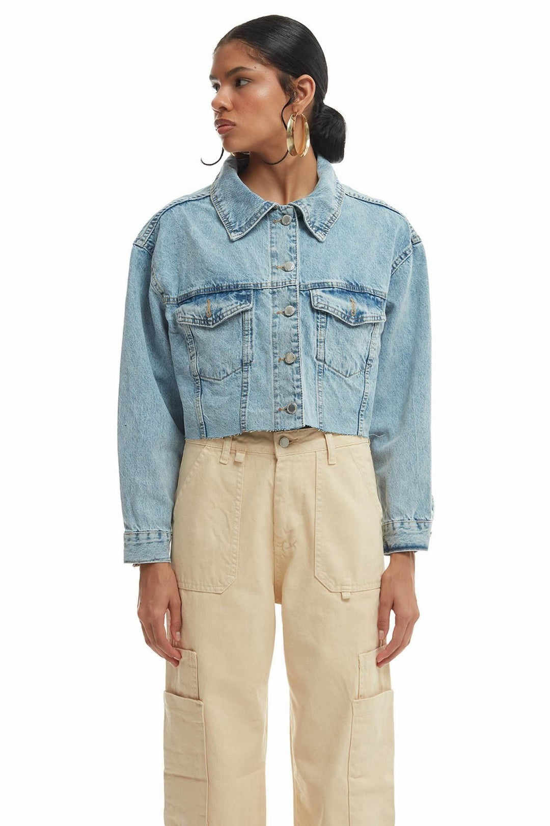 Crop Detailed Crop Denim Jacket Blue