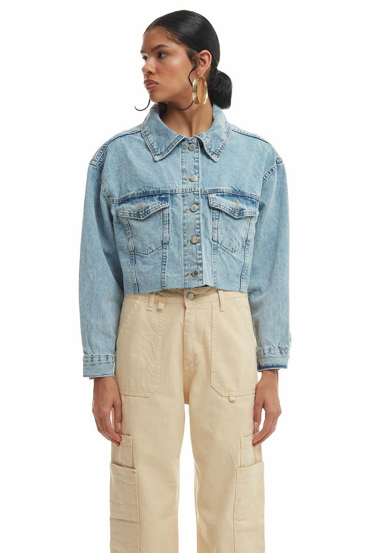 Crop Detailed Crop Denim Jacket Blue
