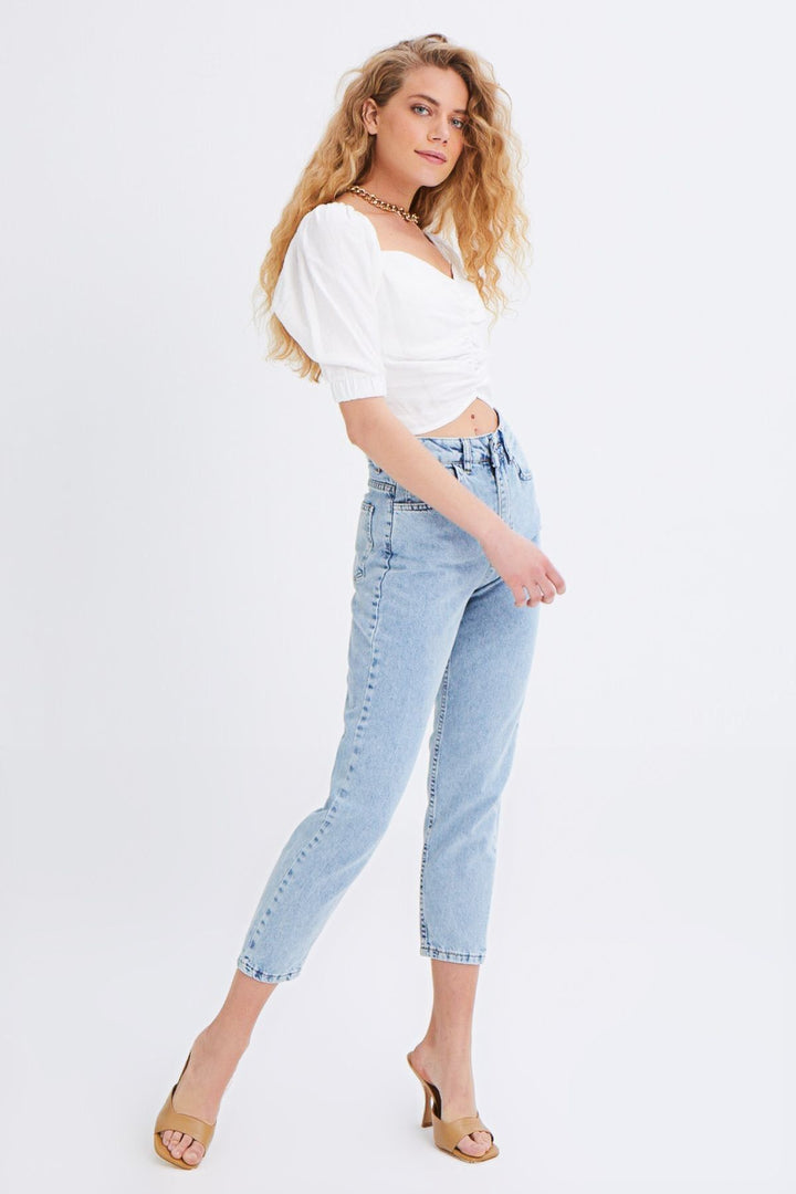 Balloon Sleeve Gipe Detailed Blouse Ecru